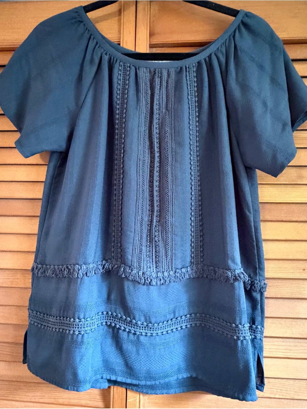 LOFT Teal Textured Lace Trim Boho Blouse